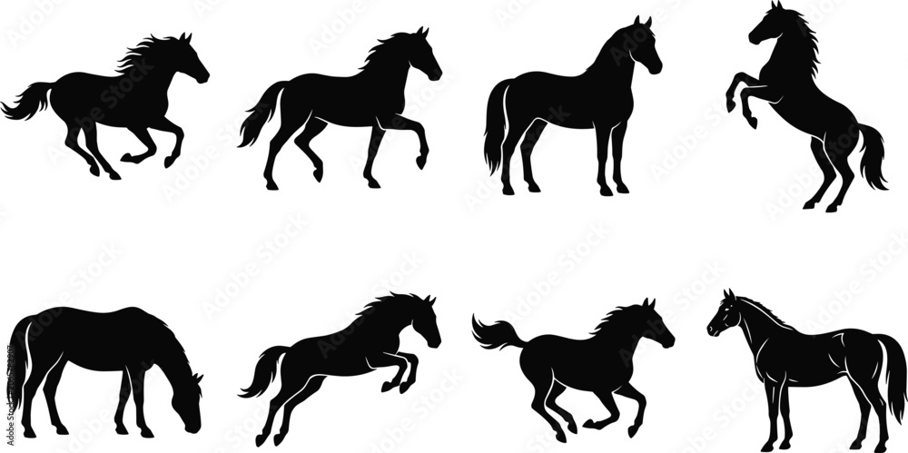 Obraz premium Elegant horse silhouette vector bundle featuring standing, rearing, galloping, and grazing poses for creative design projects
