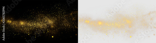 Golden particles float on a transparent background creating a soft texture in a light scene