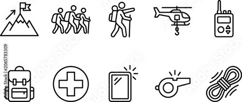 Canvastavla Hiking and mountaineering icons collection with mountain summit group trekker helicopter and survival gear