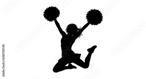 Tableau sur toile Cheerleader jumping with pom poms a black silhouette against white background