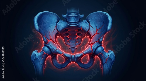 Stylized artistic human pelvic bone anatomy with glowing red energy veins.