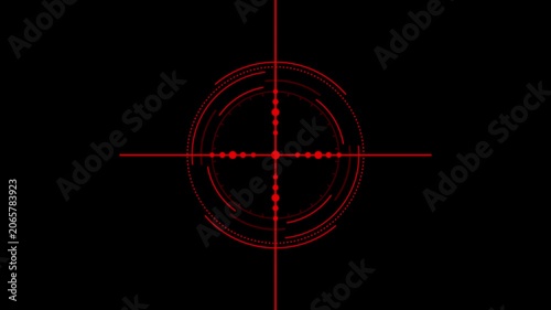 A glowing red electronic cross hair and circular target HUD interface pulse on a dark background. Ideal for Sofia video games, security system visuals, and technology overlays.