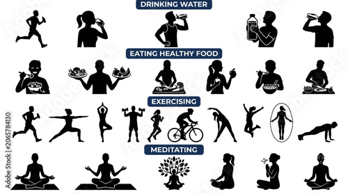 Healthy lifestyle icons for fitness motivation.