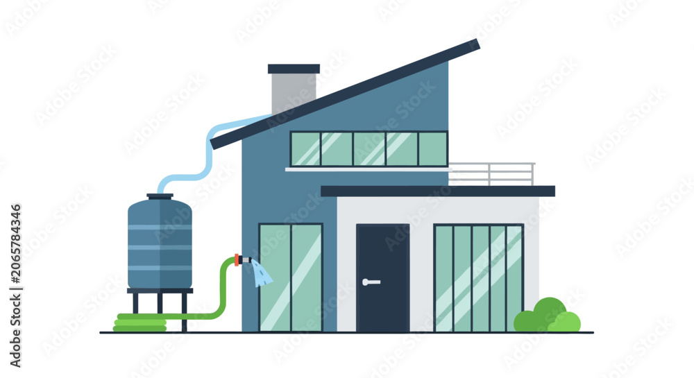 Fototapeta premium Rainwater Harvesting System for Sustainable Modern Home Flat Vector Illustration