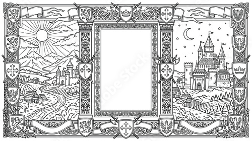 Canvas Print Medieval heraldry border with fantasy castle landscapes and crest art