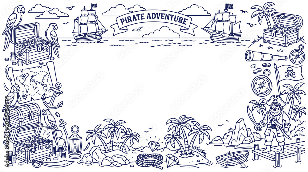 Fototapeta premium Pirate adventure map with treasure and ships border frame design element.