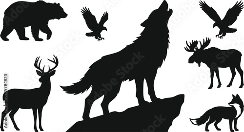 Cuadro en lienzo Wild animal silhouettes set vector illustration featuring howling wolf, grizzly bear, deer, moose, flying eagle, and fox isolated on white background for design