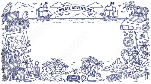 Canvastavla Pirate adventure map with treasure and ships border frame design element