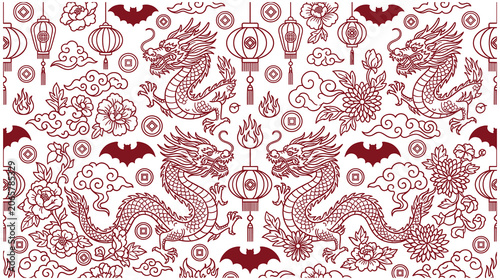 Chinese dragons and lanterns pattern with floral elements in red.