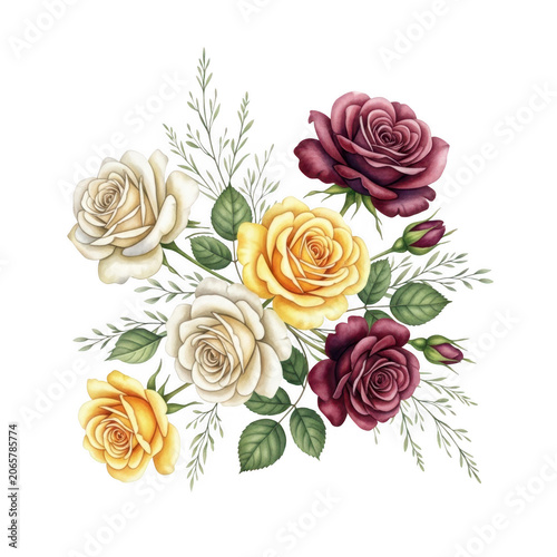Delicate watercolor rose bouquet isolated on transparent background