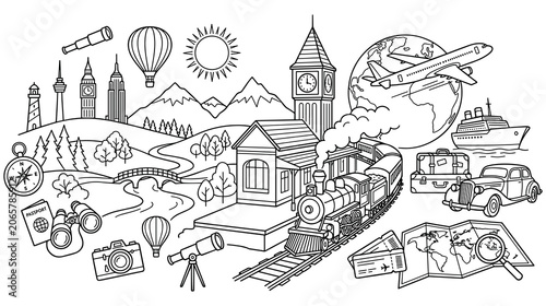 Travel and adventure theme doodles with landmark icons and transport motifs.