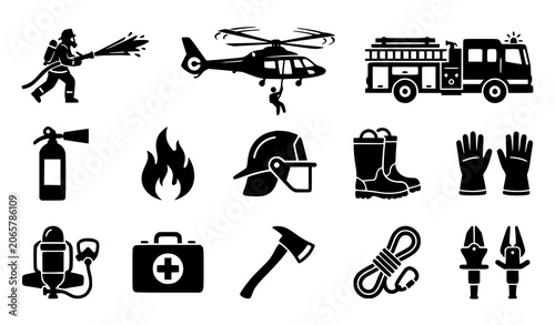 Fotografía Firefighter Emergency Equipment Black Silhouette Icon Set with Rescue Helicopter