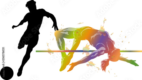фотографія Dynamic sports illustration soccer player kicking ball with hurdler in mid air c