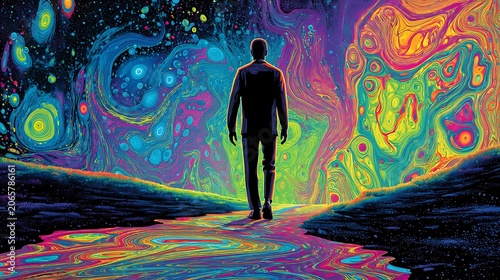 Silhouette of person standing in vibrant colorful aurora borealis light display