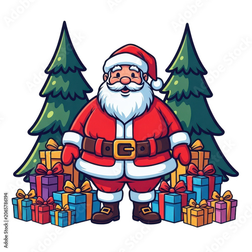 Santa claus surrounded by gifts in a forest isolated on transparent background
