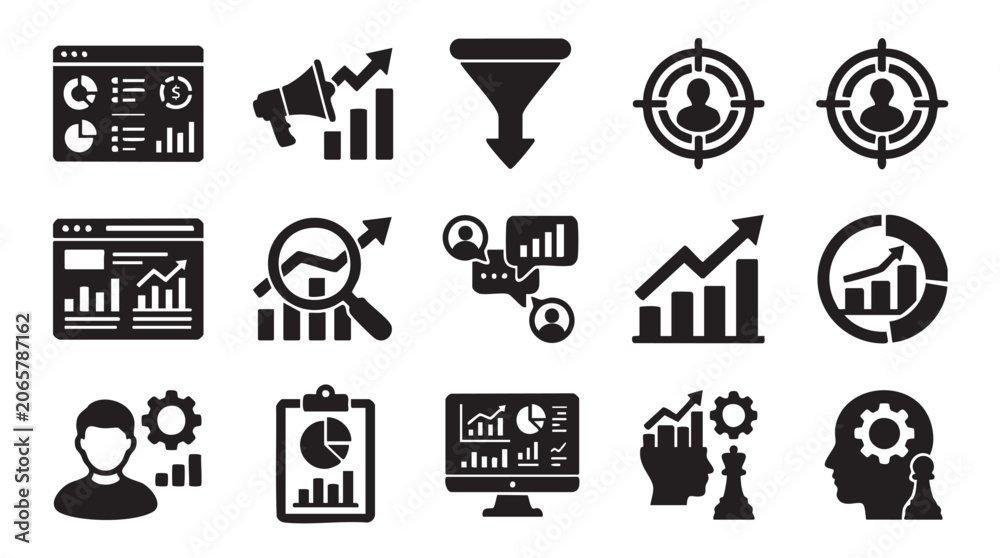 Fototapeta premium Business analytics icons, data visualization symbols, 16 black infographic elements, vector graphics