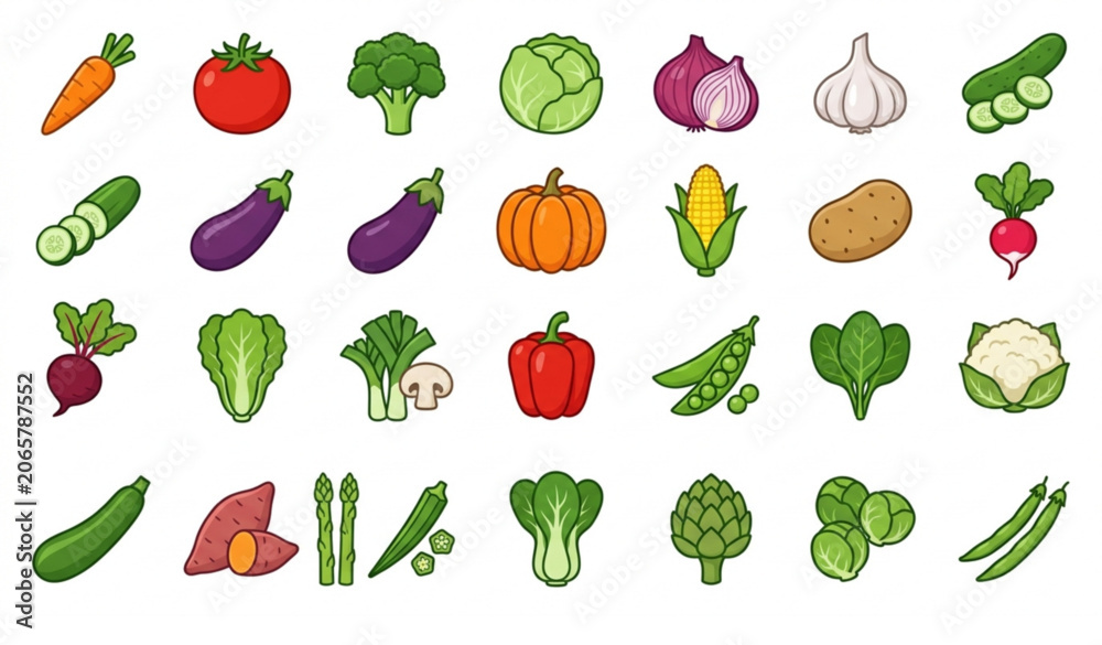 Fototapeta premium Vegetable Icon Collection Color Vector Illustration with Fresh Farm Vegetables Set