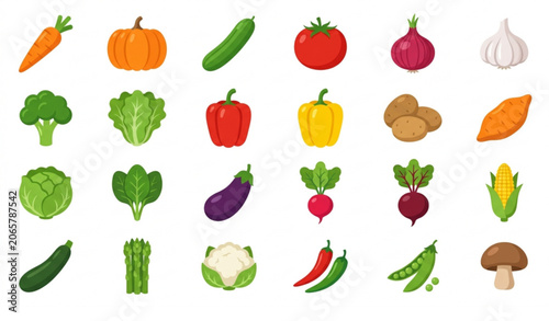 Fresh Vegetable Icon Collection Colorful Food and Garden Produce Vector Illustration