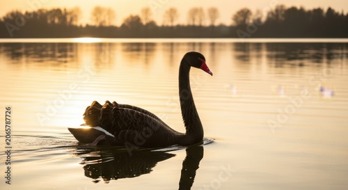 Serene black swan gliding across golden waters at sunset
