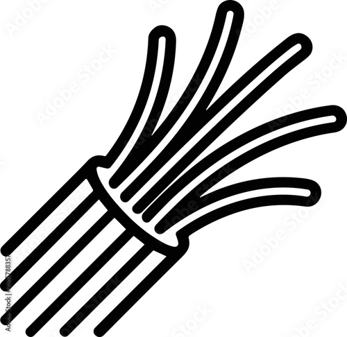 Bundle of electrical wires fanned out from cable sheath, black and white line art icon
