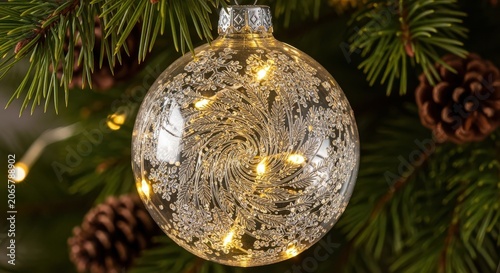 Elegant ornament with botanical and snowy design on christmas tree