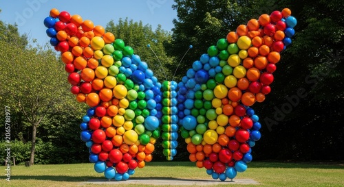 Vibrant ball sculpture shaped like a heart in outdoor setting