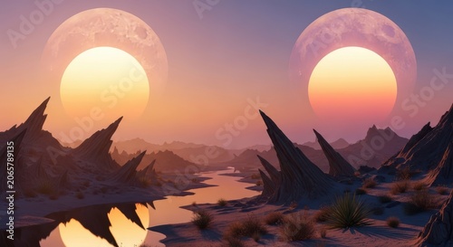 Dual celestial bodies over alien spires at twilight
