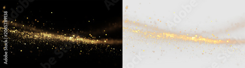 Gold sparkles floating on a transparent background with soft glows and shining lights around them in a simple design