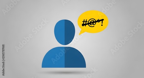 Negative communication concept, simple blue human figure icon with a yellow speech bubble containing censored