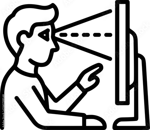 Man Focusing Eyes on Computer Screen, Digital Interaction