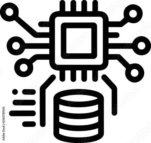 Microchip with connected circuits and stacked data storage, symbolizing digital technology and information