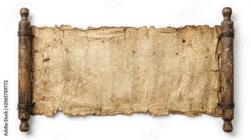 Vintage rolled paper scroll with wooden handles on white surface parchment document historic manuscript background template ornamental creative adventure treasure material