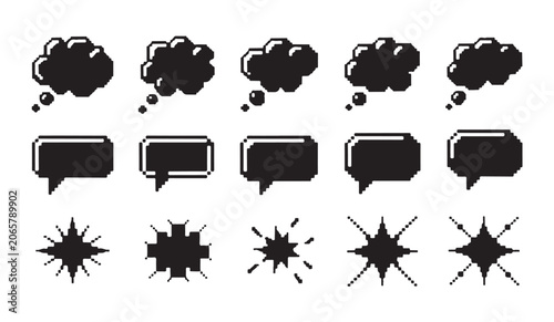 Retro pixelated cloud bubbles and explosion bursts icons.