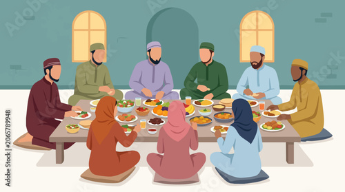 Diverse Muslim community sharing a festive communal meal, Iftar gathering