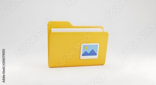Digital file management and media organization concept, 3D flat style yellow folder icon with an image thumbnail on the front