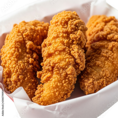Crispy golden fried chicken tenders in a white basket isolated on transparent background