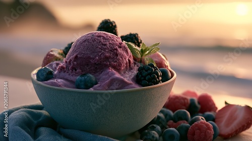 Dessert bowl with fresh berries and ice cream by the ocean at sunset