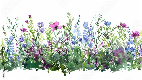 Botanical watercolor bush with flowers, design element isolated on white background