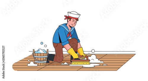 Sailor character cleaning a wooden floor with a brush colorful vector illustration silhouette seaman mariner nautical uniform cap housework janitor
