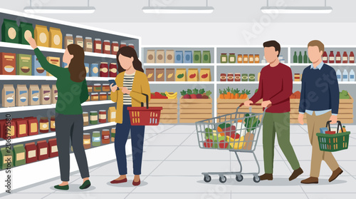Photos People shopping for groceries in a supermarket aisle