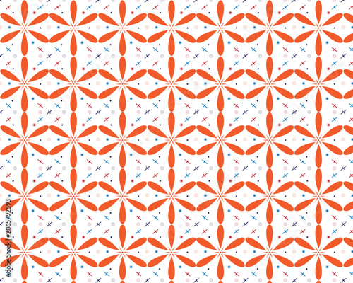 Seamless Geometric Floral Pattern with Orange Flower Shapes and Blue Crosses on White Background