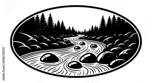 Black and White Woodcut Style Illustration of a Mountain Stream