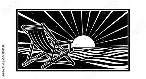 Black and White Woodcut Style Beach Chair at Sunset Illustration