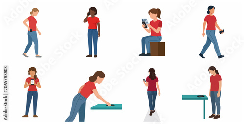 Vector Illustration Set of Women Using Smartphones in Various Poses and Actions