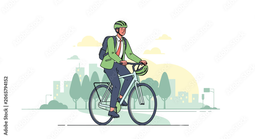 Fototapeta premium Man in Business Suit Riding Bicycle with Cityscape Background | Eco-Friendly Transport
