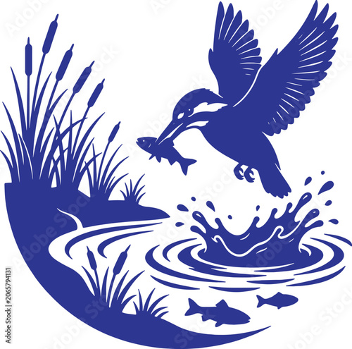 Kingfisher Bird Hunting Fish Vector Silhouette