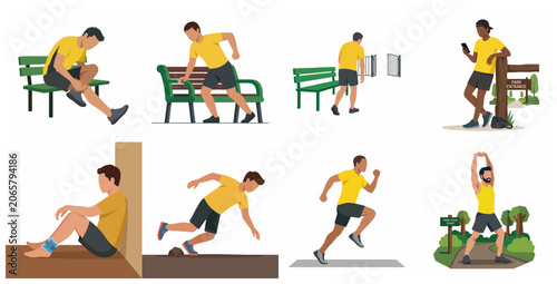 Fotografie Flat Vector Illustration Set of a Man Running, Stretching, Experiencing Ankle In