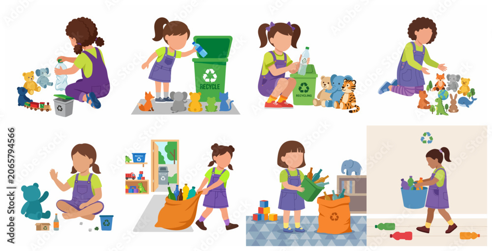 Fototapeta premium Kids recycling activities set, little girls sorting waste and plastic bottles for environmental education concept vector illustration.
