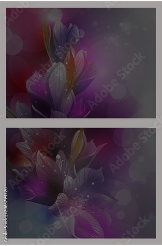Abstract Fantasy Purple Floral Background with Shiny Glowing Flowers and Bokeh Effects