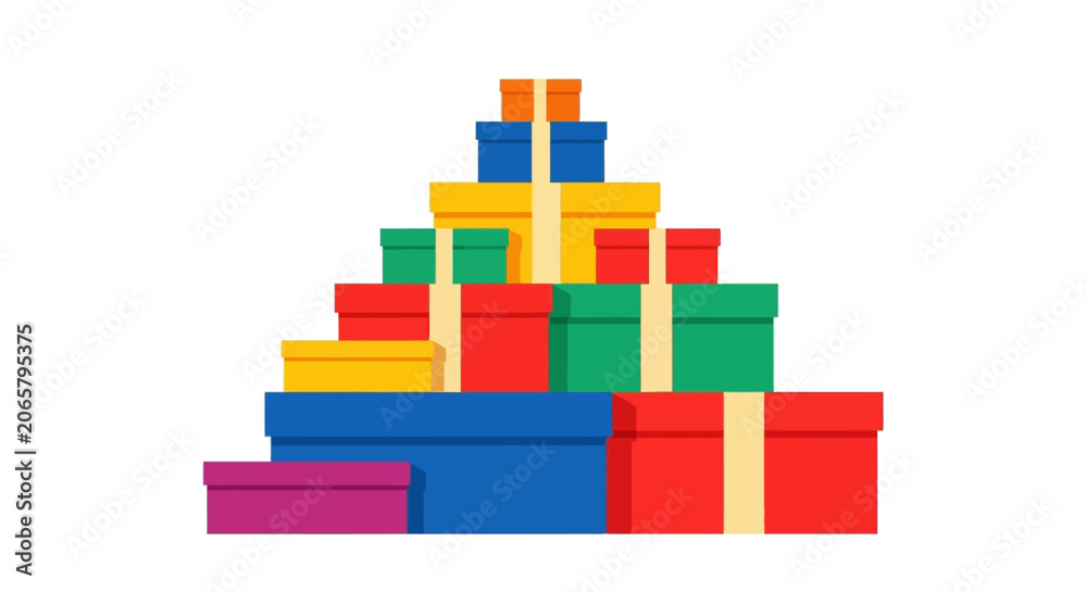Fototapeta premium Colorful Stack of Gift Boxes in Pyramid Shape Isolated on White Background, Flat Vector Illustration for Christmas and Birthday Celebrations